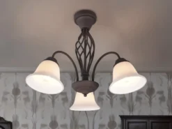 Große Deckenleuchte RUSTICA 3-flammig in Rostoptik mit Glasschirmen, Ø 55cm