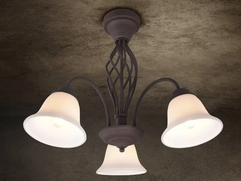 Große Deckenleuchte RUSTICA 3-flammig in Rostoptik mit Glasschirmen, Ø 55cm
