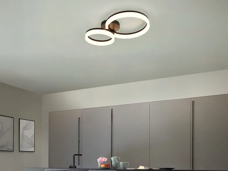 Große Deckenleuchte SCOPE Schwarz mit zwei LED Ringen in Weiß, Breite 51cm