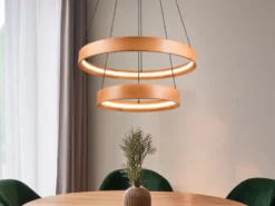 Große dimmbare LED Ring Pendelleuchte LYNWOOD mit Naturholz Ø 60cm