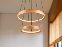 Große dimmbare LED Ring Pendelleuchte LYNWOOD mit Naturholz Ø 60cm