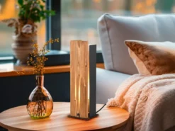 Große dimmbare LED Tischleuchte mit Naturholz, Höhe 40cm