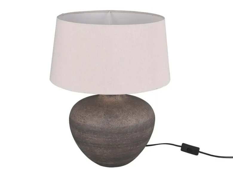 Große Keramik Tischleuchte LOU Braun mit Stoffschirm in Beige, Höhe 46cm