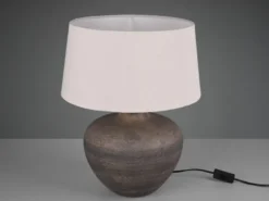 Große Keramik Tischleuchte LOU Braun mit Stoffschirm in Beige, Höhe 46cm