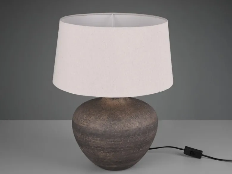 Große Keramik Tischleuchte LOU Braun mit Stoffschirm in Beige, Höhe 46cm