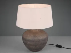 Große Keramik Tischleuchte LOU Braun mit Stoffschirm in Beige, Höhe 46cm