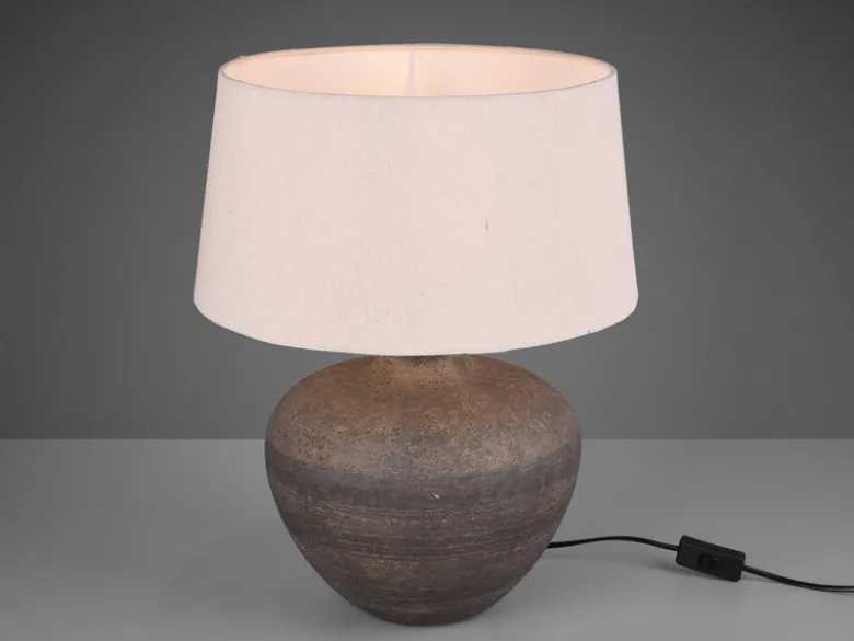 Große Keramik Tischleuchte LOU Braun mit Stoffschirm in Beige, Höhe 46cm