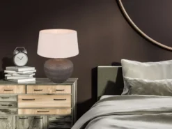 Große Keramik Tischleuchte LOU Braun mit Stoffschirm in Beige, Höhe 46cm