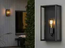 Große LED Außenwandlaterne aus Stahl Schwarz mit Klarglas, Höhe 40cm