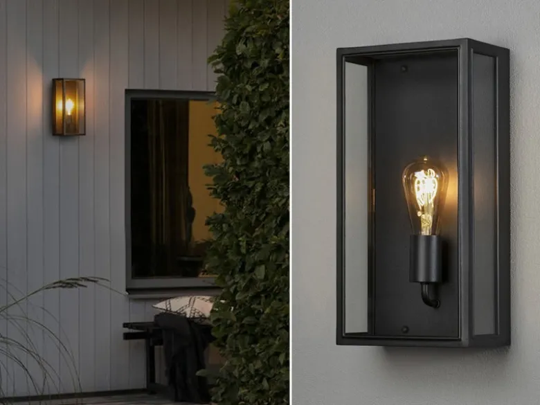 Große LED Außenwandlaterne aus Stahl Schwarz mit Klarglas, Höhe 40cm