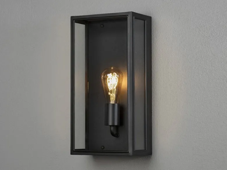 Große LED Außenwandlaterne aus Stahl Schwarz mit Klarglas, Höhe 40cm