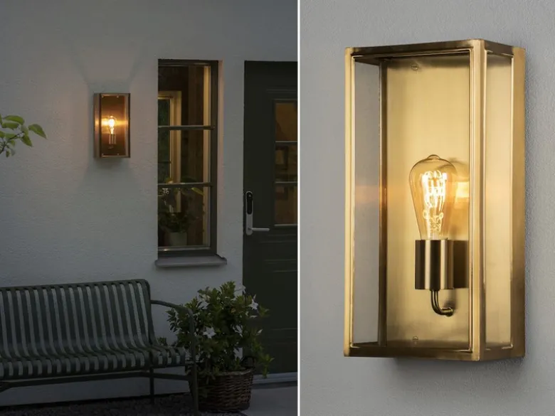 Große LED Außenwandlaterne aus Messing mit Klarglas, Höhe 40cm