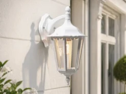 Große LED Außenwandleuchte Laterne hängend aus Aluminium Weiß, Höhe 45cm