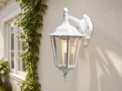 Große LED Außenwandleuchte Laterne hängend aus Aluminium Weiß, Höhe 45cm
