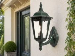 Große LED Außenwandleuchte Laterne stehend aus Aluminium Grün, Höhe 44cm