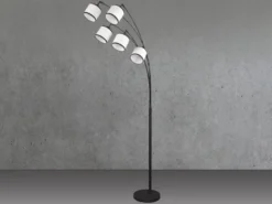 Große LED Bogenleuchte 5-flammig mit Stoffschirmen Schwarz/Weiß, Höhe 200cm