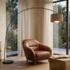 Große LED Bogenleuchte Metall Schwarz mit Stoff Lampenschirm Taupe, Höhe 210cm
