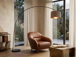 Große LED Bogenleuchte Metall Schwarz mit Stoff Lampenschirm Taupe, Höhe 210cm