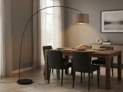 Große LED Bogenleuchte Metall Schwarz mit Stoff Lampenschirm Taupe, Höhe 210cm