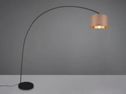 Große LED Bogenleuchte Metall Schwarz mit Stoff Lampenschirm Taupe, Höhe 210cm