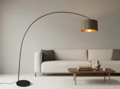 Große LED Bogenleuchte Metall Schwarz mit Stoff Lampenschirm Taupe, Höhe 210cm