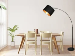 Große LED Bogenleuchte mit Stoffschirm Schwarz innen Gold - Höhe 171cm