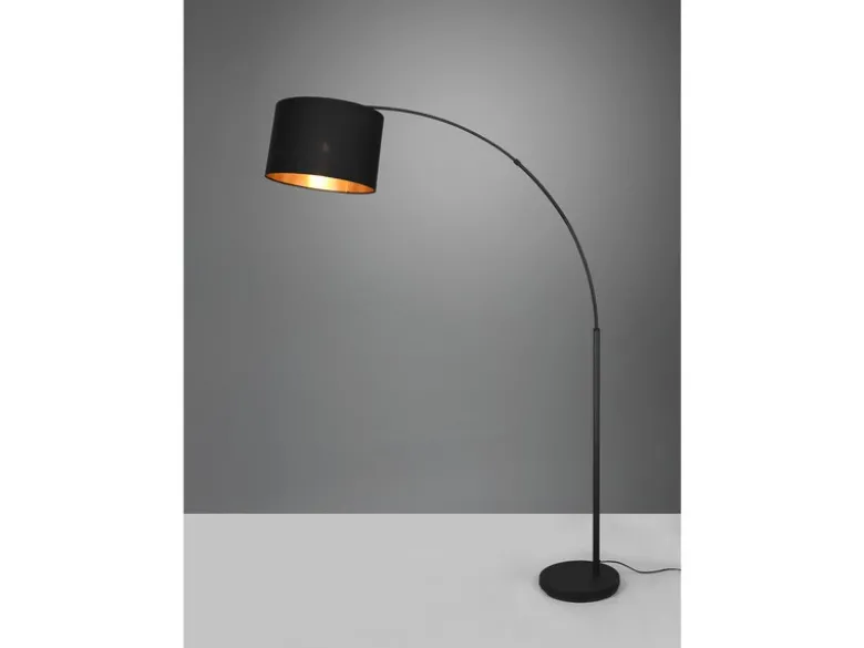 Große LED Bogenleuchte mit Stoffschirm Schwarz innen Gold - Höhe 171cm