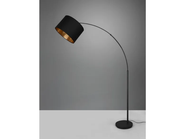 Große LED Bogenleuchte mit Stoffschirm Schwarz innen Gold - Höhe 171cm