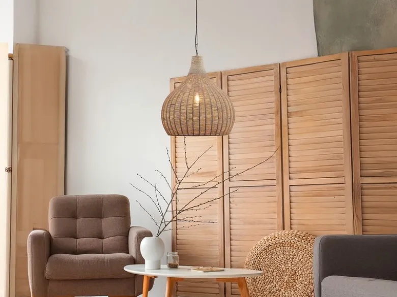 Große LED Boho Pendelleuchte 1-flammig mit Lampenschirm aus Jute, Ø 54cm