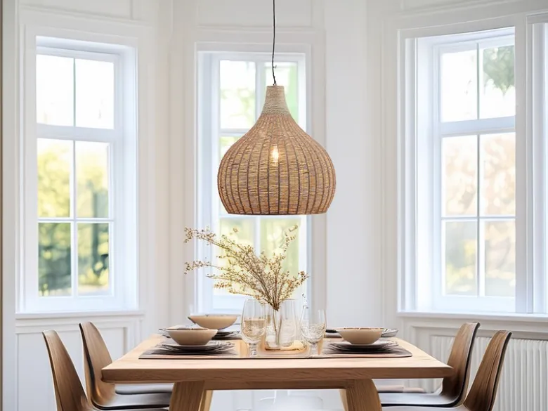 Große LED Boho Pendelleuchte 1-flammig mit Lampenschirm aus Jute, Ø 54cm