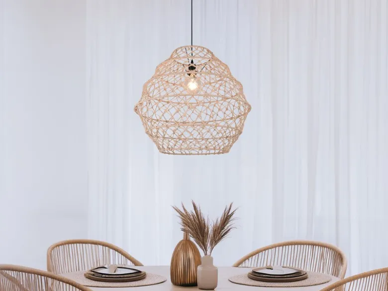 Große LED Boho Pendelleuchte mit Lampenschirm geflochten Hanfseil, Ø 60cm