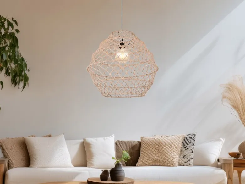 Große LED Boho Pendelleuchte mit Lampenschirm geflochten Hanfseil, Ø 60cm