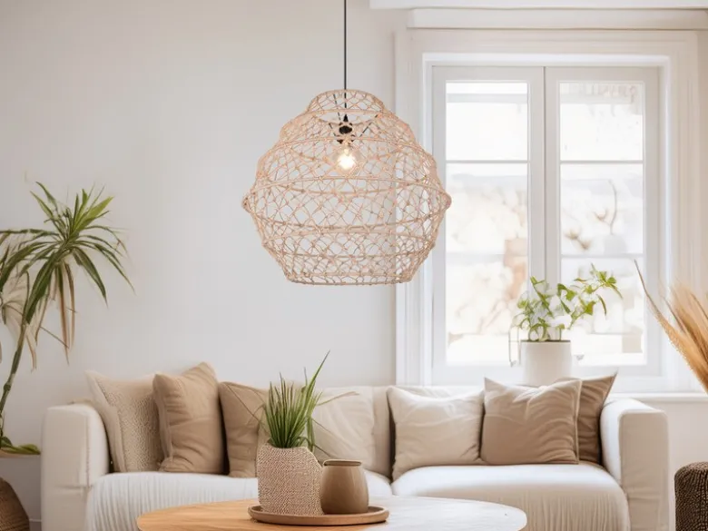 Große LED Boho Pendelleuchte mit Lampenschirm geflochten Hanfseil, Ø 60cm