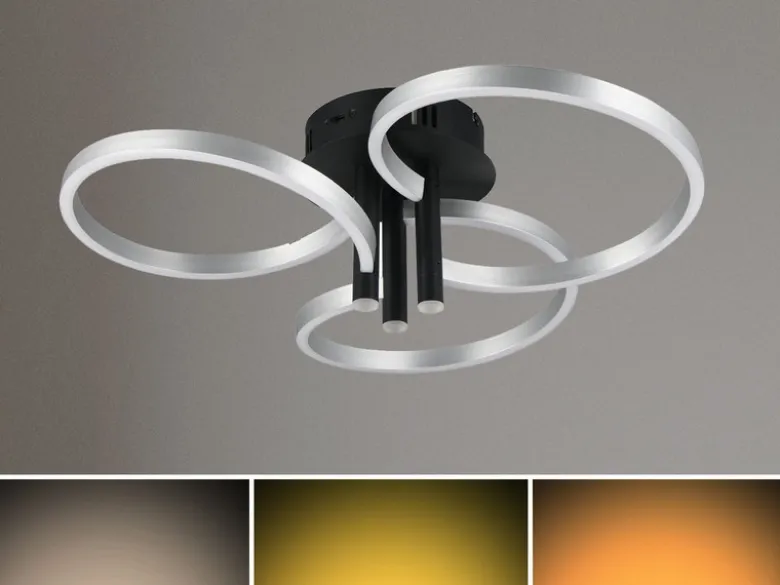 Große LED Deckenleuchte CARUSO Schwarz Silber dimmbar über Lichtschalter, Ø 65cm