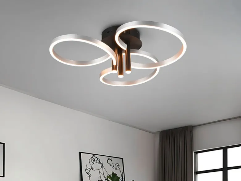 Große LED Deckenleuchte CARUSO Schwarz Silber dimmbar über Lichtschalter, Ø 65cm