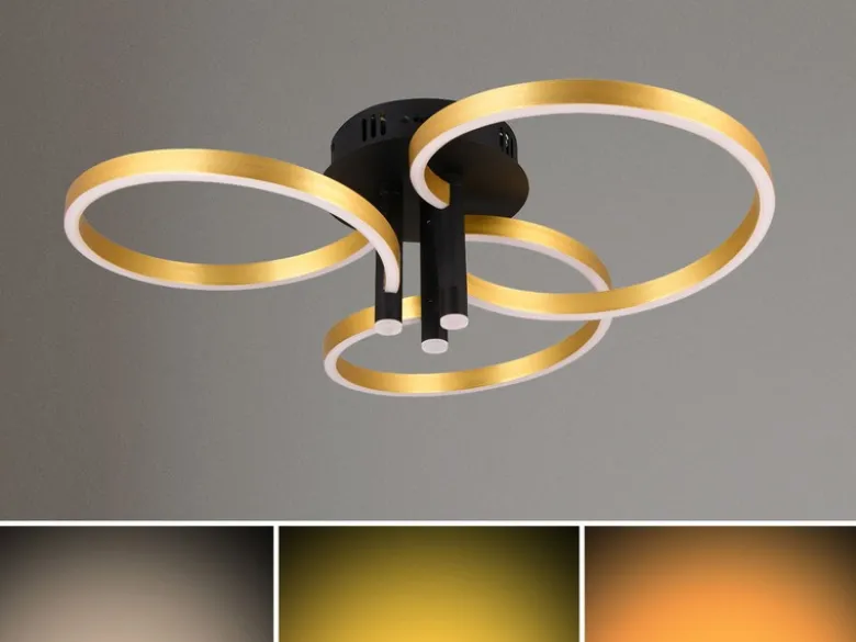 Große LED Deckenleuchte CARUSO Schwarz Gold dimmbar über Lichtschalter, Ø 65cm