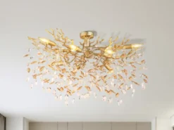 Große LED Deckenleuchte Gold 7-flammig Glas Kristall 2-farbig, Breite 85cm