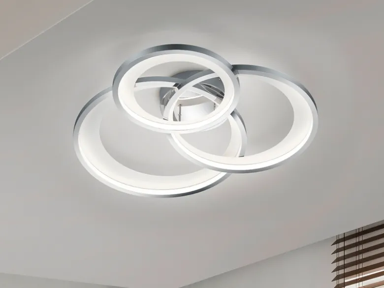 Große LED Deckenleuchte GRANADA 3 Ringe Silber Chrom, dimmbar, Breite 71,5cm