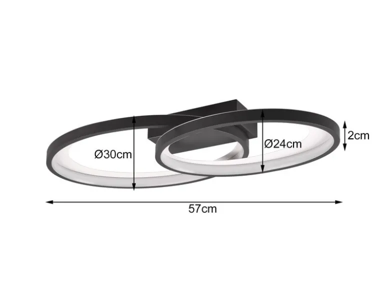 Große LED Deckenleuchte MALAGA 2 Ringe Schwarz, Breite 57cm