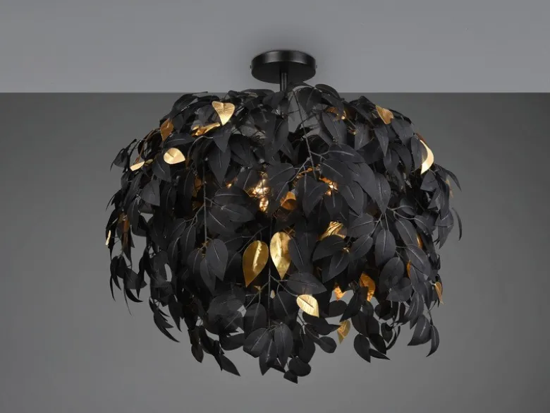 Große LED Deckenleuchte mit Blätter Lampenschirm Schwarz-Gold, Ø 70cm