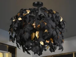 Große LED Deckenleuchte mit Blätter Lampenschirm Schwarz-Gold, Ø 70cm