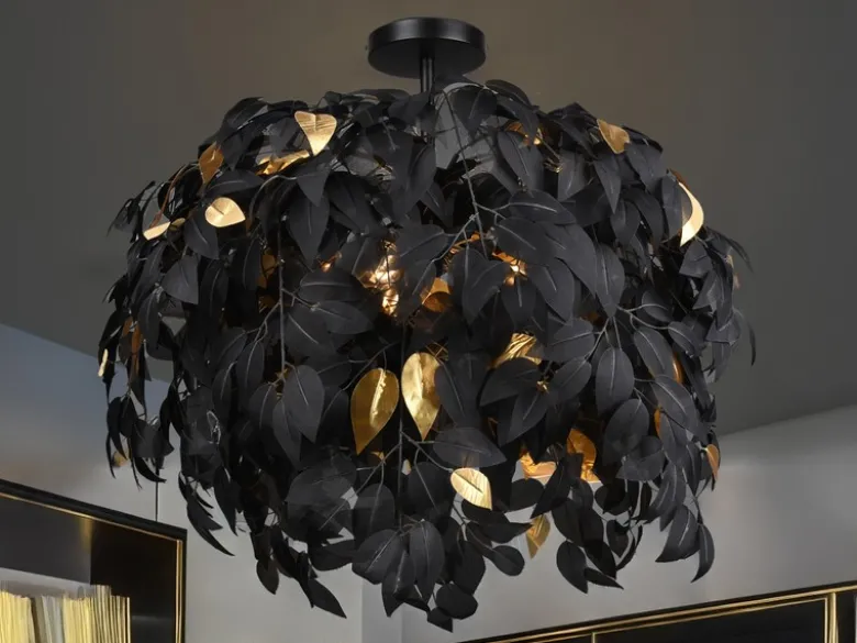 Große LED Deckenleuchte mit Blätter Lampenschirm Schwarz-Gold, Ø 70cm