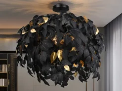 Große LED Deckenleuchte mit Blätter Lampenschirm Schwarz-Gold, Ø 70cm