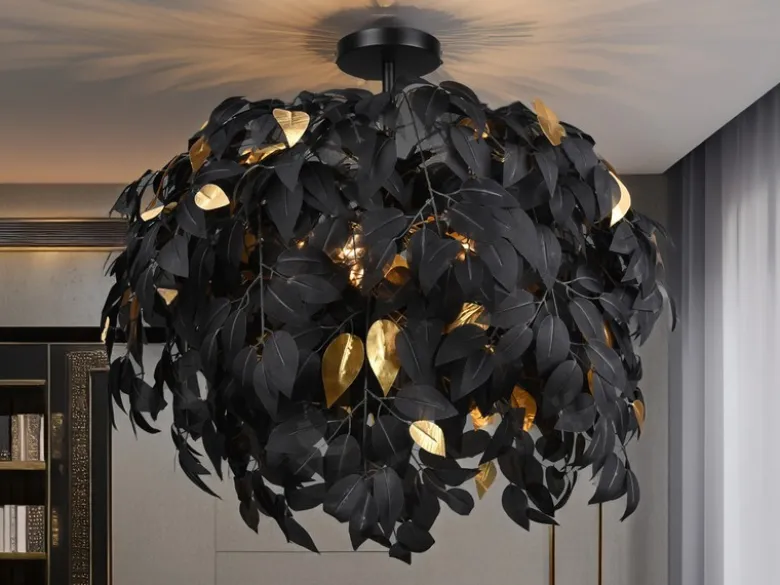 Große LED Deckenleuchte mit Blätter Lampenschirm Schwarz-Gold, Ø 70cm