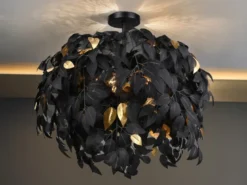 Große LED Deckenleuchte mit Blätter Lampenschirm Schwarz-Gold, Ø 70cm