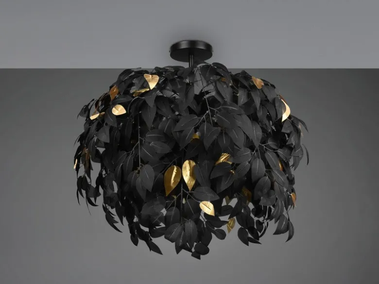 Große LED Deckenleuchte mit Blätter Lampenschirm Schwarz-Gold, Ø 70cm