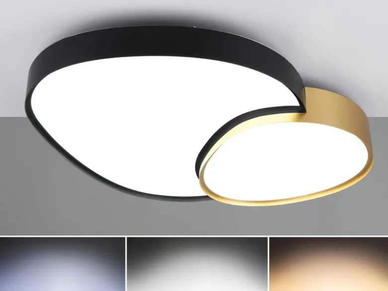 Große LED Deckenleuchte RISE mit Fernbedienung Schwarz Gold, Breite 77cm