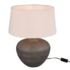 Große LED Keramik Tischleuchte braun mit Stoffschirm in beige, Höhe 46cm