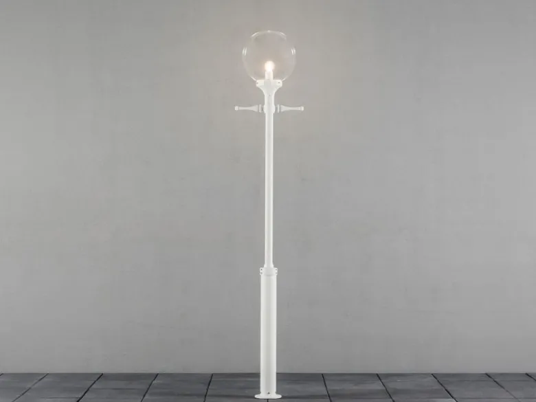 Große LED Mastleuchte Aluminium Weiß mit Glaskugel, Höhe 240cm