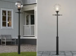 Große LED Mastleuchte Aluminium Schwarz mit Glaskugel, Höhe 240cm